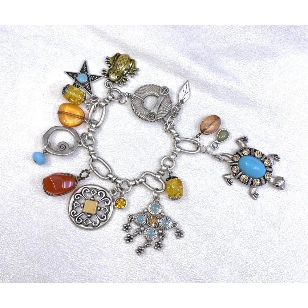 Vintage Charm Bracelet Mixed Media Turtle Frog Toggle